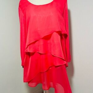 I.N. Studio Sz XL Vibrant Coral Ruffled Layered Top Asymmetrical Cut 3/4 Sleeve